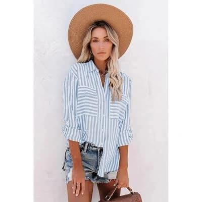 V for City Women's Striped Button-Down Long Sleeve Shirt with Dual Chest Pockets