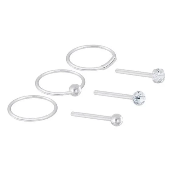 92.5 Sterling Silver Nose Rings Studs & Hoops Set 6pc Piercing Jewelry