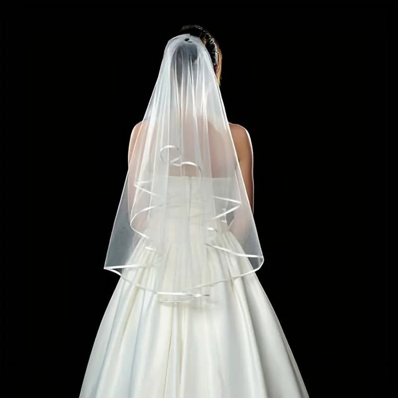Simple and Elegent Tulle Bridal Veil with Comb and Lace Ribbon