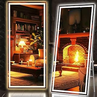 Full Length LED Mirror with Lights, 71" x 27.6" Floor Standing or Hanging Mounted, Full Body Dressing Mirror, Dimmable Light, Tempered Glass, Square White