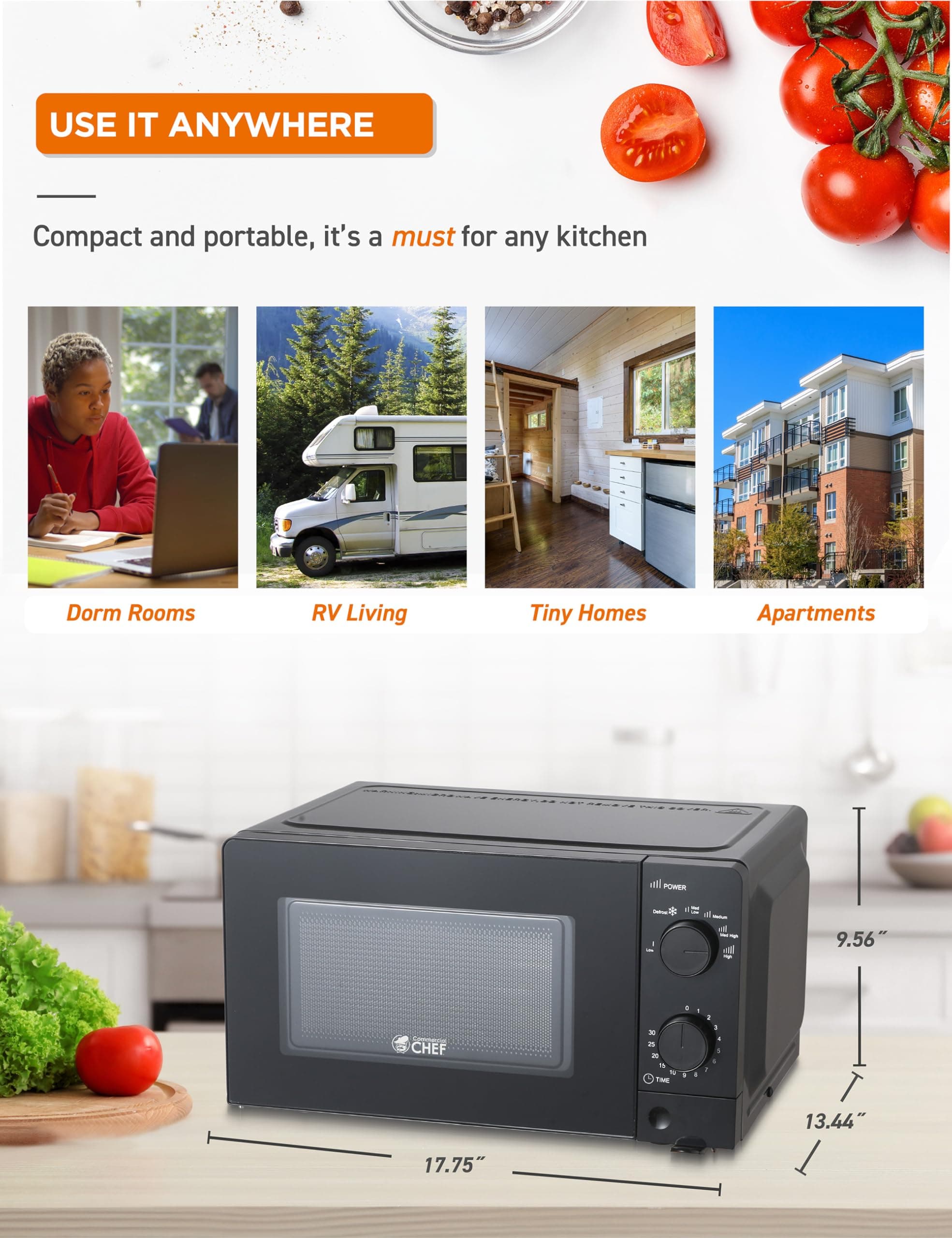 COMMERCIAL CHEF 0.6 Cubic Foot Microwave with 6 Power Levels, Small Microwave with Grip Handle, 700W Countertop Microwave with 30 Minute Timer and Mechanical Dial Controls, Black : Amazon.ae: Kitchen