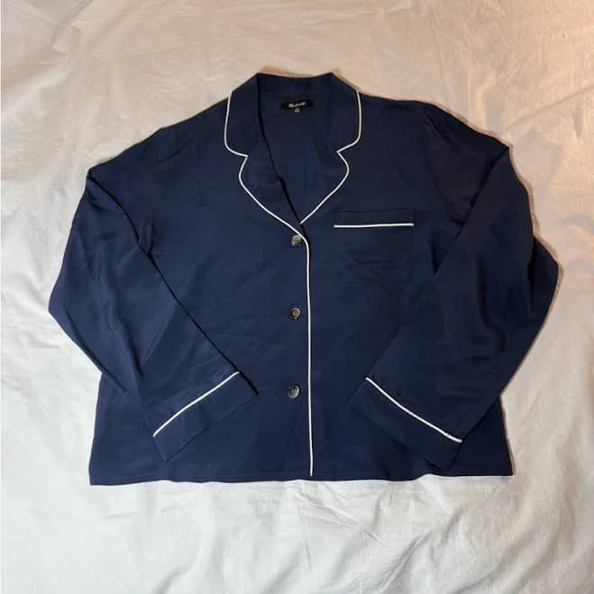 Madewell Tops | Madewell Midnight Blue Silk Pajama Top With Ivory Piping | Color: Blue/White | Size: M | Debiwin's Closet