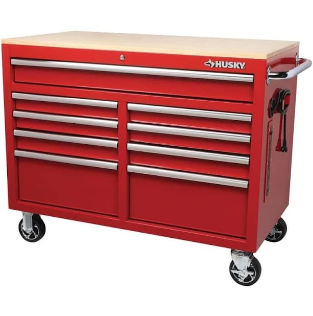 Husky 46 in. W x 24.5 in. D 9-Drawer Mobile Workbench with Solid Wood Top