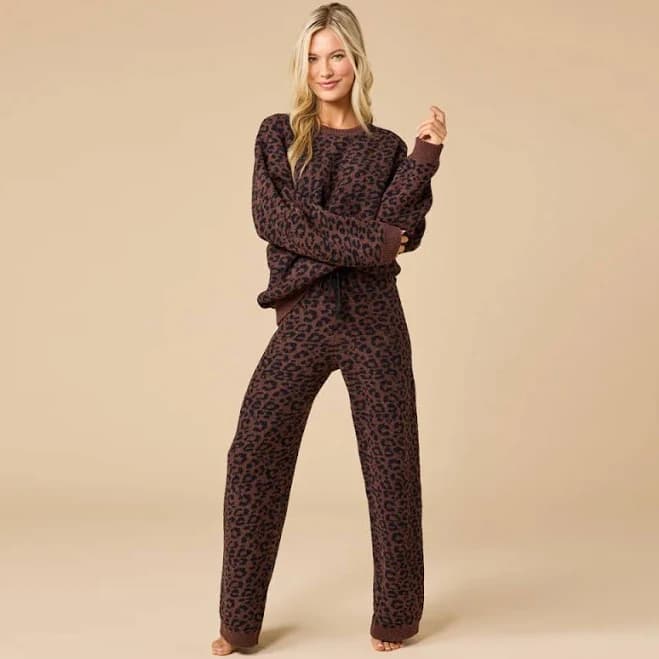 Marshmallow Leopard Print Crew Neck Lounge Set Wild Espresso / Large