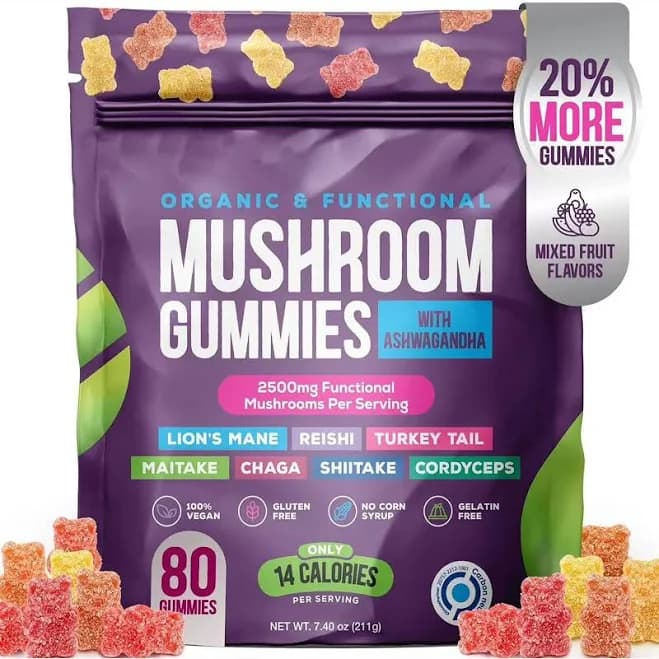 Mushroom Gummies 2500mg 80 with Lion's Mane Ashwaghanda Brain and Nervous System Mushroom Gummies 8 in 1