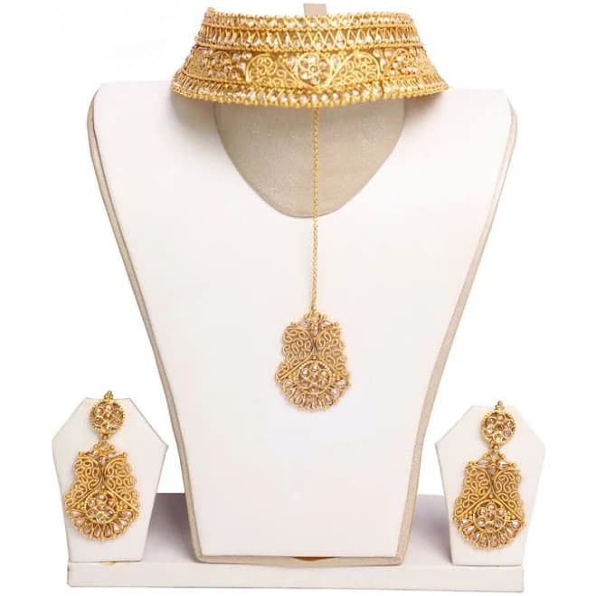 Deluxe Gold Necklace Set with Earrings and Tika