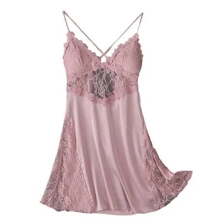 Vnkidy Womens Solid Color Lace Trim Satin Chemise Spaghetti Strap Sleep Dress With Crisscross Back Sheer Panel For Loungewear Pink XL, Women's