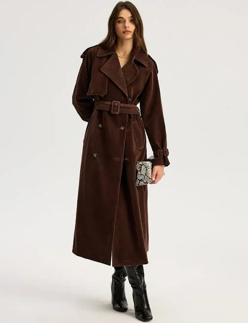 Belted Double-Breasted Suede Trench Coat