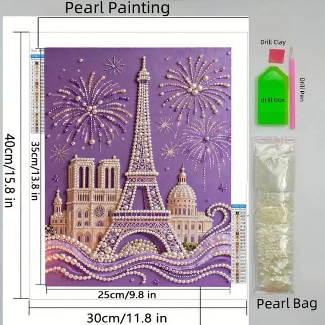 2026 New Pearl Painting: Paris Eiffel Tower Fireworks Pearl Decorative Painting Theme, Frameless DIY Handmade Rhinestone Art Canvas. Suitable for