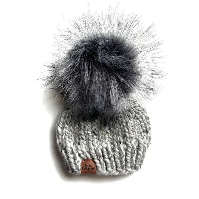 0-3 Month Baby Pom Hat | Grey Knit Beanie | b.e.happe