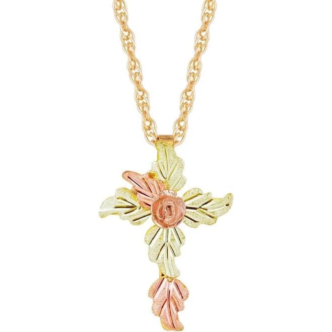 10K Yellow Gold Leaf Cross with Rose Center