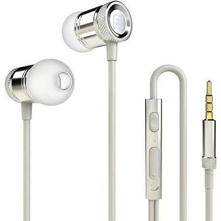 Ellogear Eg11ws Stereo Earbuds 3.5mm with Noise Isolating Technology, Microphone and Volume Control - Clarity and Bass Performance (White/Silver)