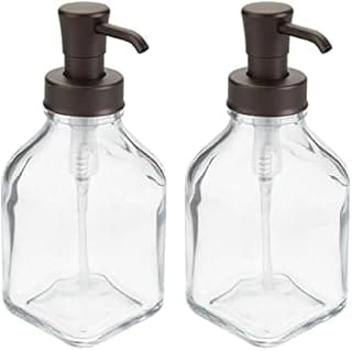 mDesign Square Glass Refillable Liquid Soap Dispenser Pump Bottle for Bathroom Vanity Countertop, Kitchen Sink - Holds Hand Soap, Dish Soap, Hand Sanitizer, Essential Oils - 2 Pack - Clear/Bronze