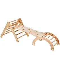 GREEN WALNUT Wooden Pikler Triangle With Rocker & Slide + Ramp | Wooden Climbing Gym Set