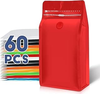 Coffee Bags with Valve(60pcs,16 oz,1 lb) Vented Coffee Beans Packaging Bags High Barrier Aluminumed Foil Flat Bottom Heat Sealed Side Zipper Resealable Storage Bag for Home or Business（Red）
