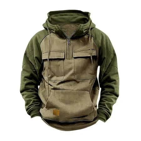 HOOJT Quarter Zip Hoodies for Men Color Blocking Patchwork Sweatshirts Drawstring Hooded Pullovers Front Pockets Loose Jumpers Tactical Sweatshirt