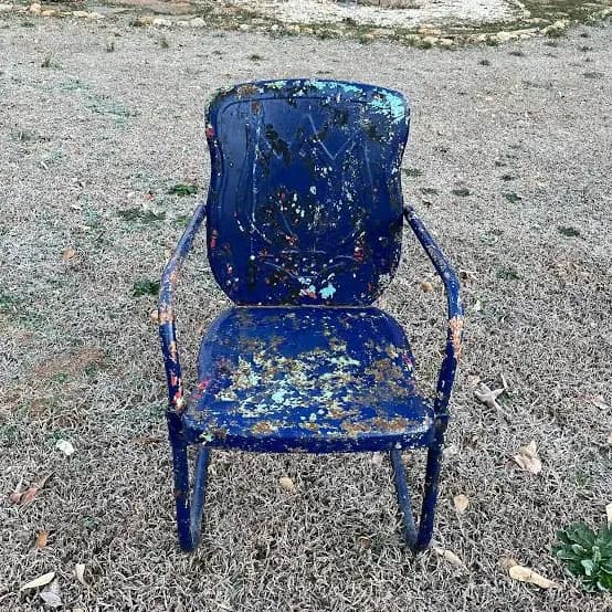 Vintage Weathered Metal Motel Patio Chair Tulip Design Rustic Cantilevered Dark Blue Paint