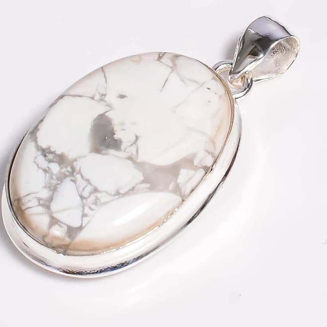 White Howlite Pendant Necklace, Oval Howlite Natural Gemstone Jewelry, Silver Boho Statement Pendant, Healing Stone Spiritual Gift for Women