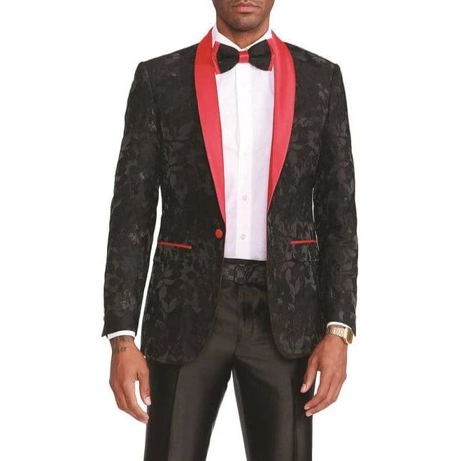 Men's Black Slim Fit Blazer Floral Pattern Red Satin Shawl Collar S / Black