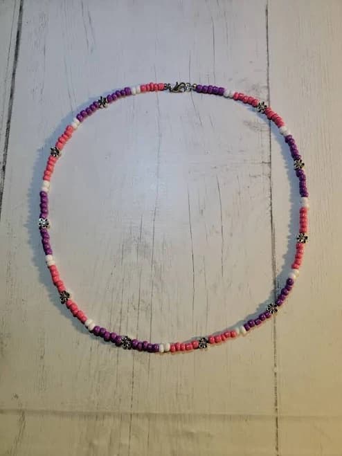 Pink, Purple, & White Flower Necklace Boho Beaded Girly Hippie Glass