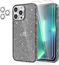Design for iPhone 13 Pro Max Case Glitter, with [2 Pack] Screen Protector & [3 Pack] Camera Lens Protector Sparkle PC Hard Soft TPU Silicone Bumper Women Phone Cases for Women Girls (Black)