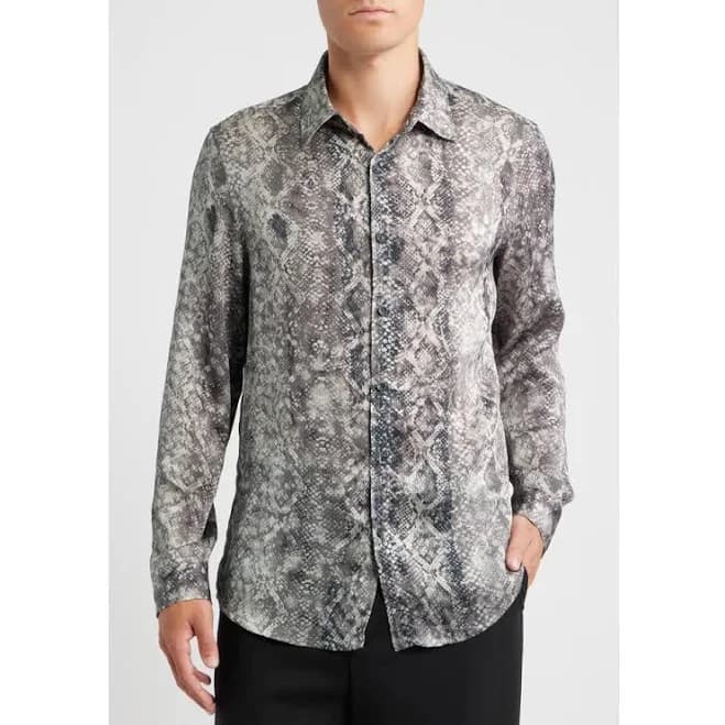 Open Edit Snakeskin Print Satin Button-Up Shirt