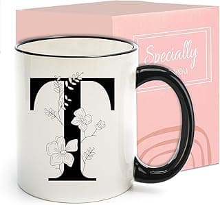 Monogram Ceramic Coffee Mugs, 11 oz Initial Drinking Cup with Gift Box, Unique Birthday Valentines Day Gifts for Women Wife Mothers Day Grandma Mom Aunt, T
