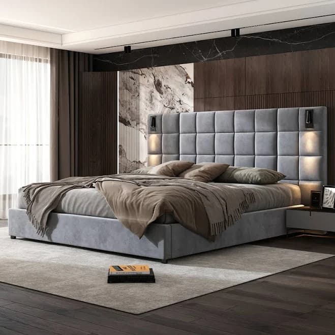 Christopher Knight Home Wesson Modern Upholstered Velvet Bed with Reading Lamp and USB Ports
