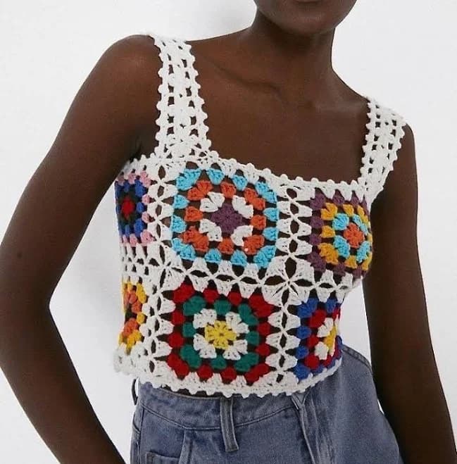 Handmade Crochet Granny Square Cotton Blouse