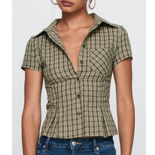 Princess Polly Alma Mater Check Cotton Button-Up Shirt