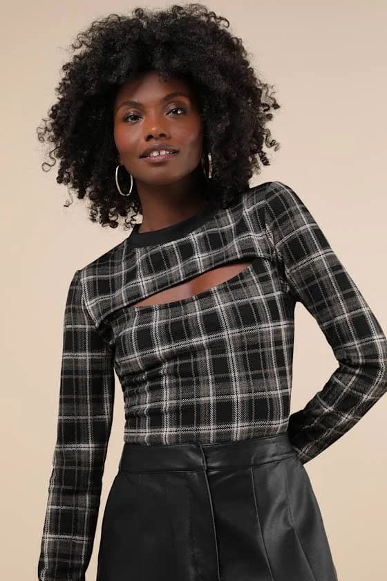 Lulus Plaid Cutout Long Sleeve Top