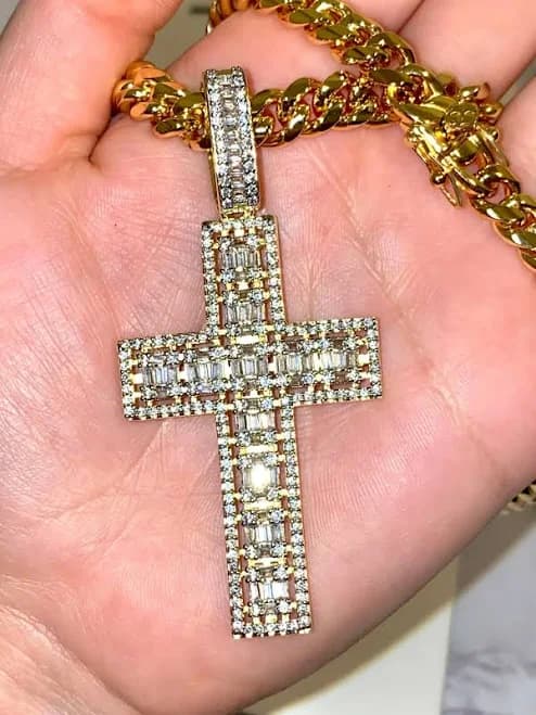 Big Ice Baguette Cross Jesus Men 14k Gold F Pendant Charm 6mm Miami