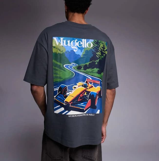 ASOS DESIGN oversized T-shirt with race car graphic in dark gray