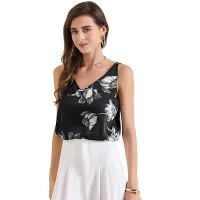 Inspire Chic Women's V Neck Sleeveless Floral Satin Cami Top