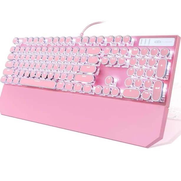 OBJLGEV Typewriter Style Mechanical Gaming Keyboard Pink Retro Punk with White Backlit 104 Keys Blue Switch Wired Round Keycaps