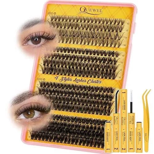 QUEWEL Cluster-Lashes-Kit, 320PCS Lash Extension Kit Mixed Length 10-16mm, Thick Eyelash Clusters with Bond And Seal and Lash Tweezers, Easy DIY at Ho