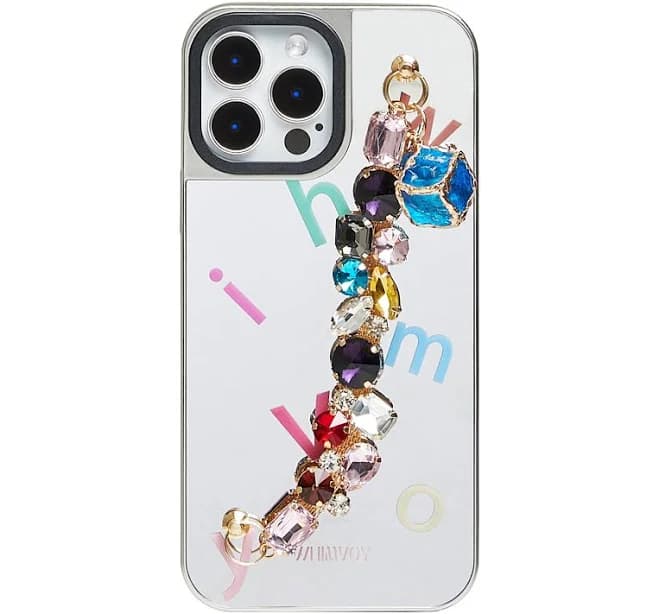 Reflective Mirror Phone Case with Crystal Chain Women Fashion iPhone Case Glitter Wristlet Phone Cover