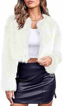 Danedvi Women's Fashion Cropped Faux Fur Jacket Long Sleeve Open Front Cardigan Casual Fluffy Parka Shaggy Short Coat, White, XL: Buy Online at Best Price in UAE - Amazon.ae