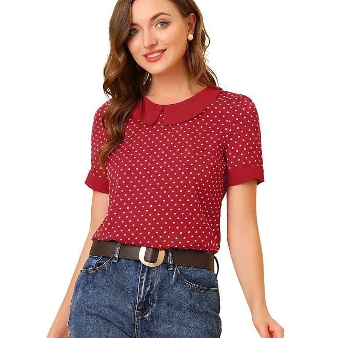 Inspire Chic Women's Contrast Peter Pan Collar Polka Dots Short Sleeve Tops