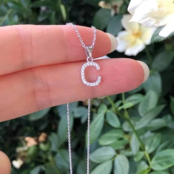 Sterling Silver C Initial C Necklace with Pave Cubic Zirconia