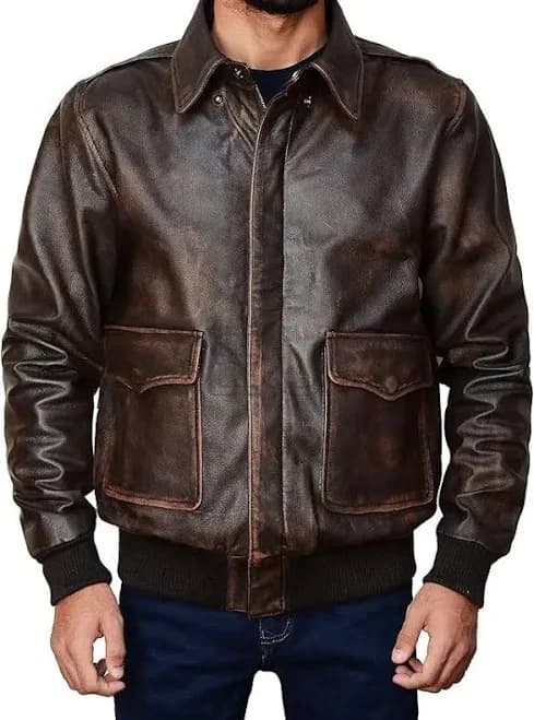 Vintage Distressed Brown Leather Bomber Jacket For Men Aviator Winter