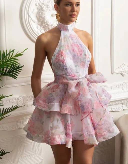 Floral Halterneck Ruffle Mini Dress