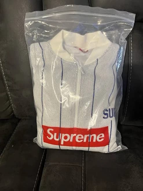 SUPREME 23SS Pinstripe Varsity Zip Up Sweater Jacket White Blue