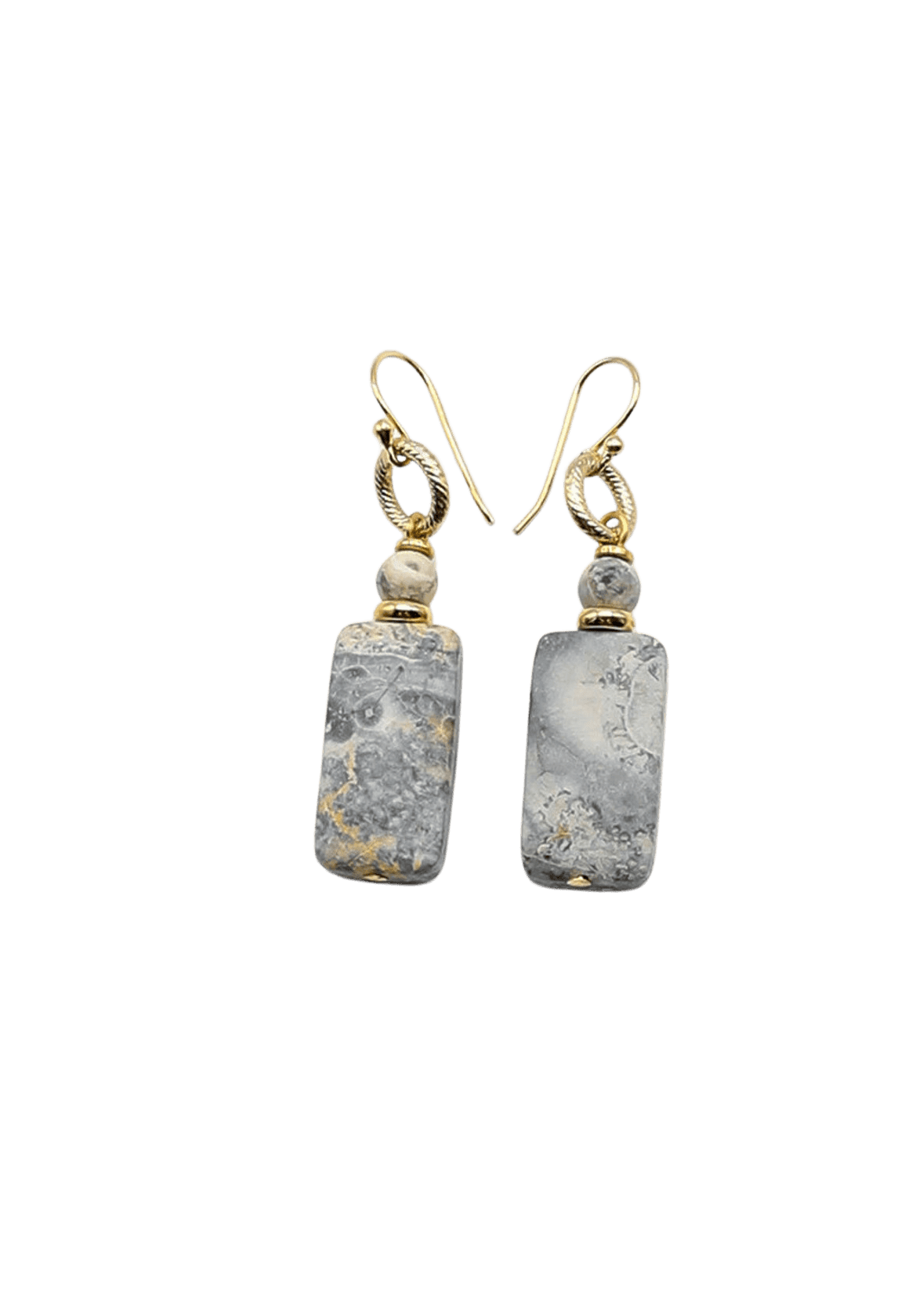 Rectangle Stone Dangle Earrings with Beaded Detailing - SLATE BLUE