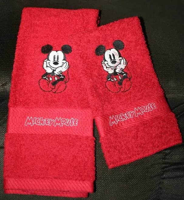 2pc Set-1 Red Bath Towel & 1 Red Hand Towel Mickey Mouse Inspired Sitting Embroidered