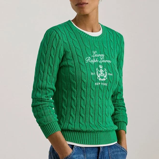 Ralph Lauren Women's Petite Embroidered-Crest Cable-Knit Sweater