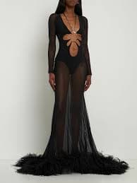 THE ATTICO - Karen Sheer Cutout Gown W/ Feathers The Attico