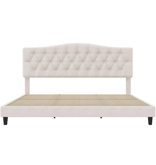 Beige Wood Frame Size Linen Upholstered Platform Bed with Saddle Curved Diamond-Tufted Headboard