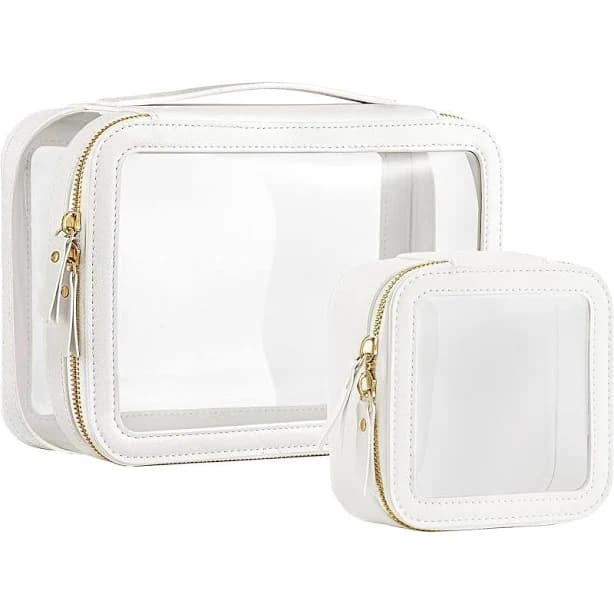 2-piece Clear Travel Toiletry Bag Set – White Faux Leather With Gold