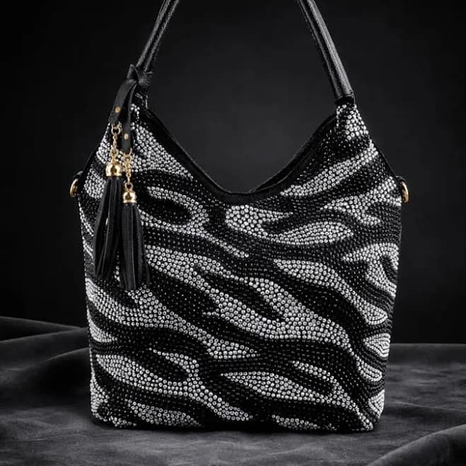 Zebra Rhinestone Slouchy Vegan Leather Tote